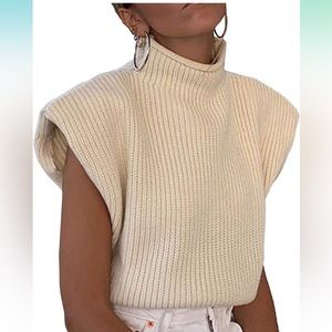 Sleeveless Knitted Sweater Top Turtleneck Wide Shoulder